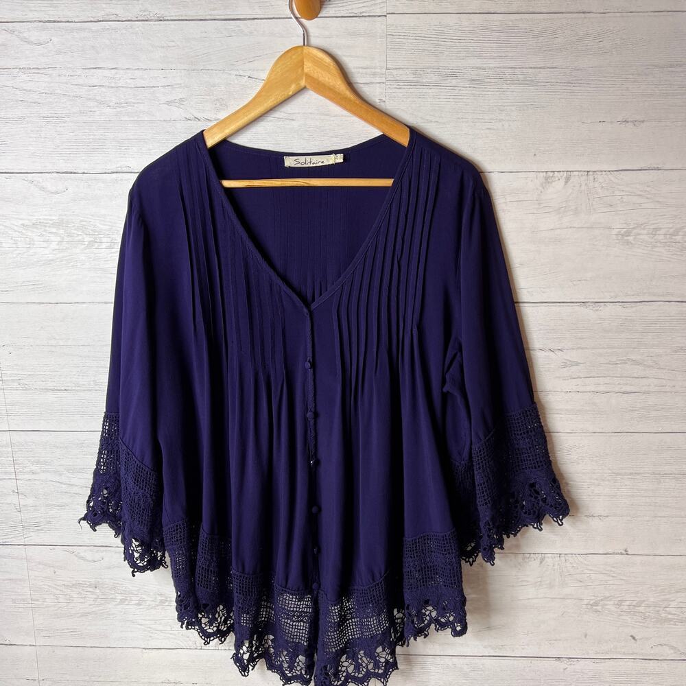 Solitaire Blouse Womens Size 2X Navy Blue Pintuck Button Down Embroidery Boho - Picture 4 of 15